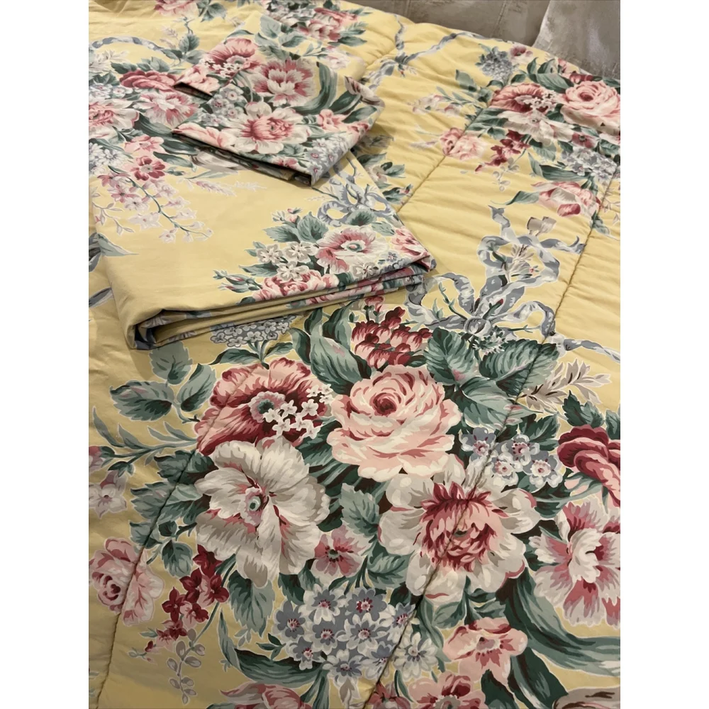 Ralph Lauren Evelyn Yellow Floral Queen Comforter & Flat Sheet USA Rare Vintage